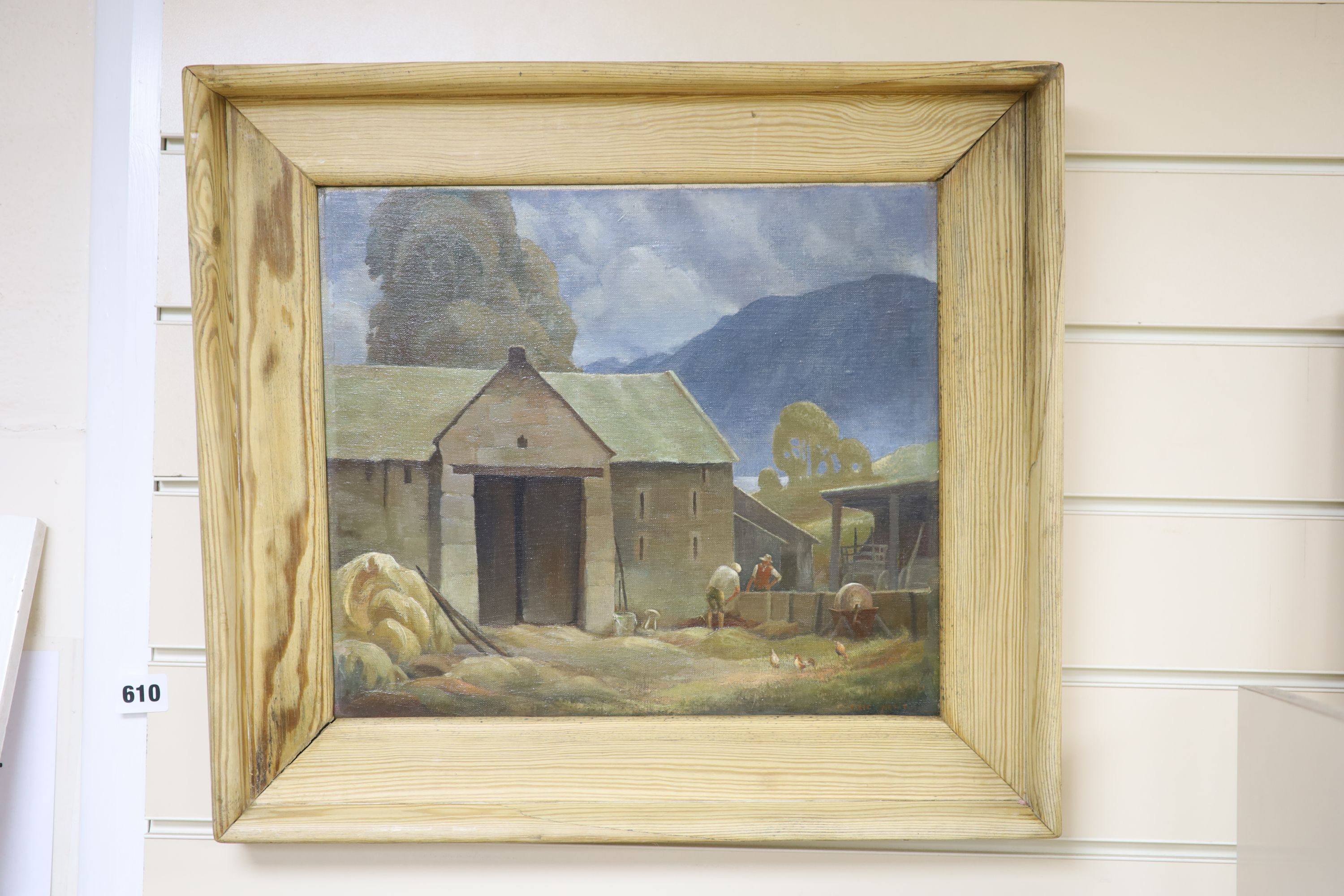 Eric Newton (1901-1970), oil on canvas, Hill Farm, signed with label verso, 30 x 35cm